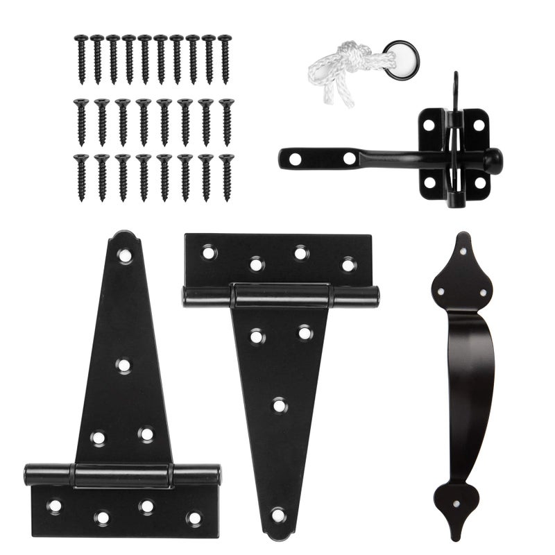 HILLMASTER Wooden Gate Hardware Set Kit with Self-Locking Gate Latch, 2 Pack 6in T-Starp Gate Hinges, Vintage Decorative Gate Door Pull Handle for Wooden Vinyl Fence, Black Finish - Image 1